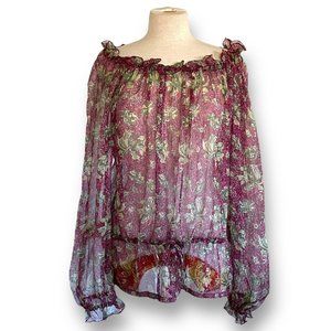 Peruvian Connection Womens Blouse Sz M Sheer Floral 100% Silk Chiffon Boho Top